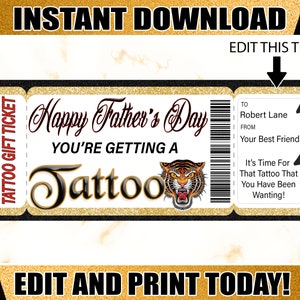 Tattoo Geschenkkarte Vatertag Tattoo druckbare Zertifikat Editierbare Tattoo Geschenk druckbare Tickets. Vatertag Tattoo Geschenk