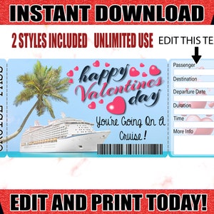 Valentines  Cruise Boarding Pass Ticket, Printable Cruise Ticket Trip Reveal, Printable Tickets, Valentines  Cruise Trip Ticket Downloadable