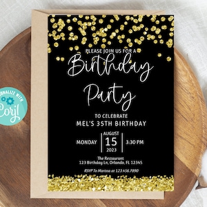 Black and Gold Birthday Invitation, Confetti Birthday Invitation, Instant Download, Black Party Invite, Adult Invitation
