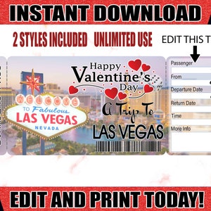Las Vegas Valentines Boarding Pass Ticket, Printable Airline Ticket Trip Reveal, Printable Tickets, Surprise Paris Boarding Las Vegas Ticket