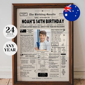 14th Birthday Party Sign, 14th Birthday Newspaper AUSTRALIA, 2011 Birth Year Gifts, 14 years ago back in 2011, Australia Birthday