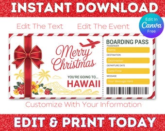 Hawaii Christmas Boarding Pass Ticket, Printable Airline Ticket Trip Reveal, Surprise Hawaiian Trip Gift Ticket