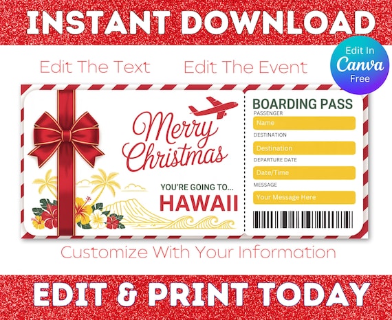 Hawaii Christmas Boarding Pass Ticket, Printable Airline Ticket Trip Reveal, Surprise Hawaiian Trip Gift Ticket