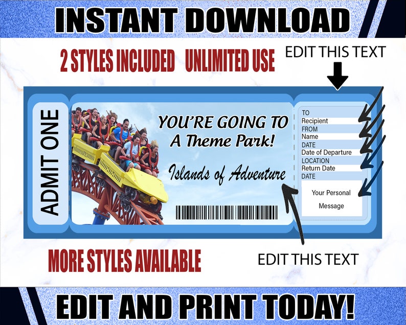Theme Park Ticket Printable Theme Park Ticket Trip Reveal Etsy