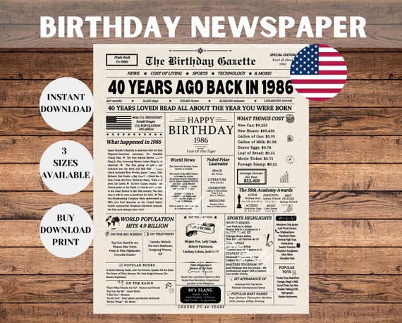 40th Birthday Newspaper Sign 1986, 40th Birthday Gift for Men or Women, Back in 1986, 40th Birthday Decorations, Instant Download