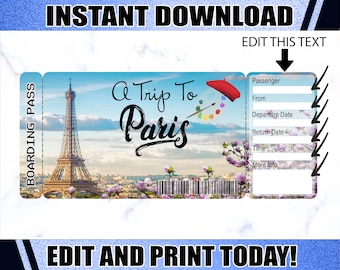 May include: A printable boarding pass template with a photo of the Eiffel Tower and the text "A Trip To Paris". The template includes fields for passenger name, departure date, return date, time, and more info.