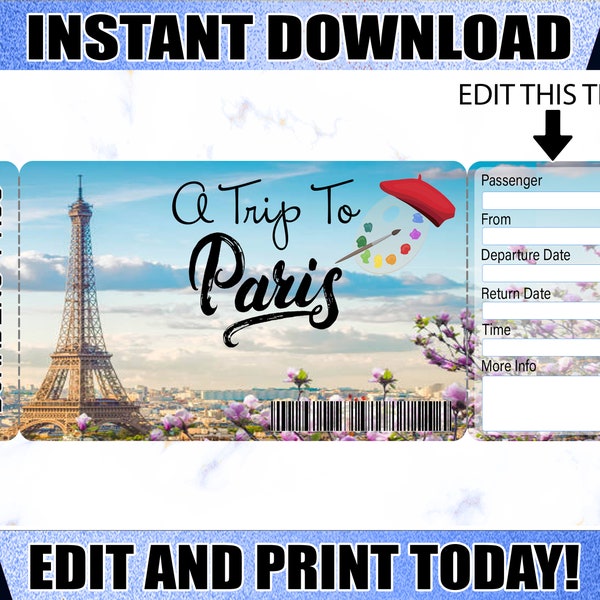 Paris Boarding Pass Ticket, Printable Airline Ticket Trip Reveal, Printable Tickets, Surprise Paris Trip Ticket Downloadable