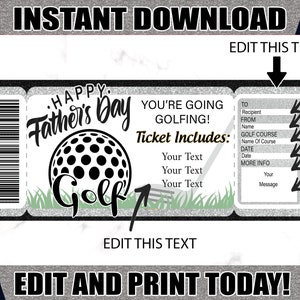 Afdrukbaar golfticket voor Vaderdag, golfcertificaat, golfticketsjabloon, vaderdagcadeaubon, cadeau voor papa