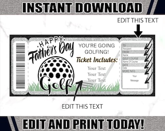 Afdrukbaar golfticket voor Vaderdag, golfcertificaat, golfticketsjabloon, vaderdagcadeaubon, cadeau voor papa