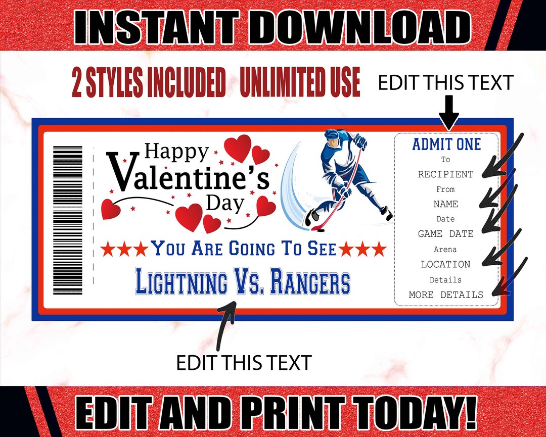 Valentines Hockey Game Ticket, Hockey Ticket, Printable Hockey Ticket