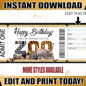 Zoo Printable Ticket. Geburtstags-Zoo-Karte. Druckbare Zoo Geschenkkarte. Bearbeitbares Zooticket. Druckbare Tickets.