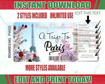 May include: A printable boarding pass with a Christmas theme. The pass features a snowy Christmas tree and the Eiffel Tower in Paris. The text reads "Merry Christmas! A Trip To Paris".