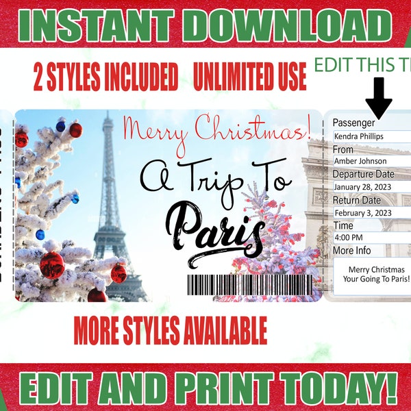 Paris Christmas Boarding Pass Ticket, Printable Airline Ticket Trip Reveal, Printable Tickets, Surprise Paris Boarding Pass Ticket