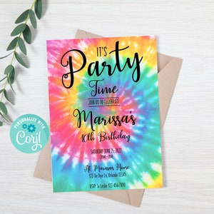 Może przedstawiać: Kolorowe zaproszenie na przyjęcie urodzinowe z okazji 10. urodzin. Zaproszenie zawiera tekst "It's Party Time" i "Marissa's 10th Birthday". Zaproszenie zawiera r&oacute;wnież datę, godzinę i miejsce przyjęcia.