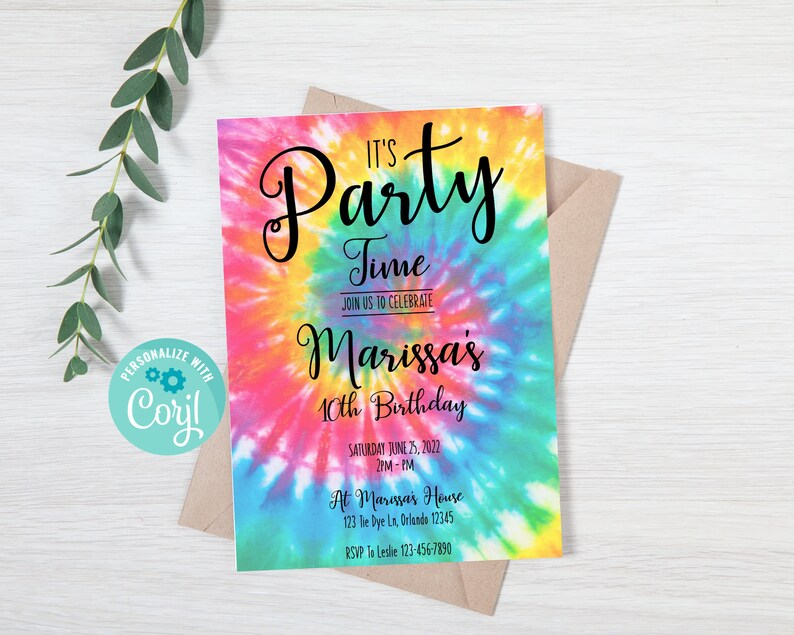 Może przedstawiać: Kolorowe zaproszenie na przyjęcie urodzinowe z okazji 10. urodzin. Zaproszenie zawiera tekst "It's Party Time" i "Marissa's 10th Birthday". Zaproszenie zawiera r&oacute;wnież datę, godzinę i miejsce przyjęcia.