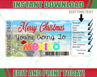 Mexico Christmas Boarding Pass Ticket, Printable Airline Ticket Trip Reveal, Printable Tickets, Surprise Mexico Boarding
