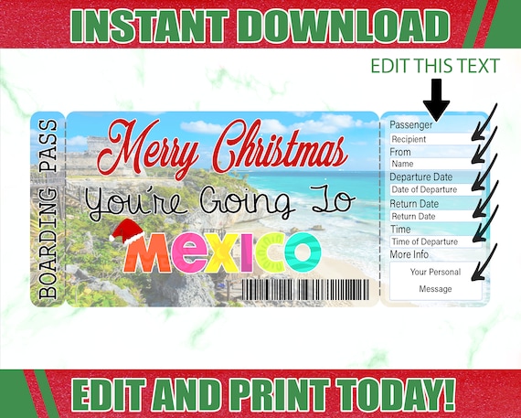 Mexico Christmas Boarding Pass Ticket, Printable Airline Ticket Trip Reveal, Printable Tickets, Surprise Mexico Boarding