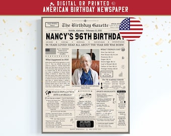 96th Birthday Gift for Grandma or Grandpa, 1930 Birthday Newspaper Poster, 96 Years Ago Back in 1930