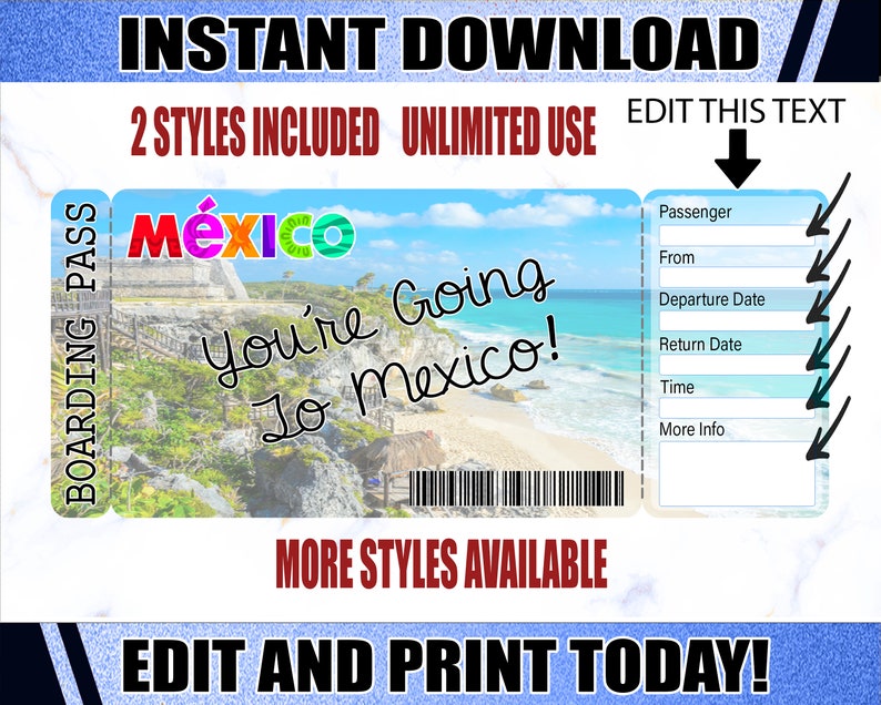 How Much Is A Round Trip Ticket To Mexico Mexico Boarding Pass Ticket Printable Airline Ticket Trip | Etsy