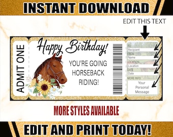 Peut inclure: Billet d'anniversaire imprimable avec un fond de paillettes dorées. Le billet dit "Joyeux anniversaire ! Vous allez faire de l'équitation !" et présente un cheval brun avec un tournesol et des marguerites. Le billet comporte une section pour le nom du destinataire, le lieu, la date et un message personnel.