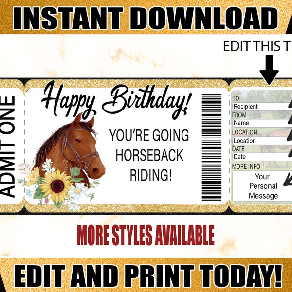 Horseback Riding Gift Certificate Ticket - Printable Birthday Ticket For Horseback Riding, Downloadable Editable