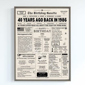 Enseigne de journal pour 40e anniversaire 1986, cadeau de 40e anniversaire pour homme ou femme, retour en 1986, décorations de 40e anniversaire, téléchargement immédiat image 2