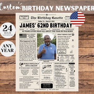 62nd Birthday Newspaper Poster Sign, 62nd Birthday Gift for Men or Women, 1963 Birthday, 62 Years Ago Back in 1963