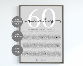 60th Birthday Gifts, 60 Reasons We Love You Birthday Print, Custom Gifts for Women or Men, Reasons Why I Love You