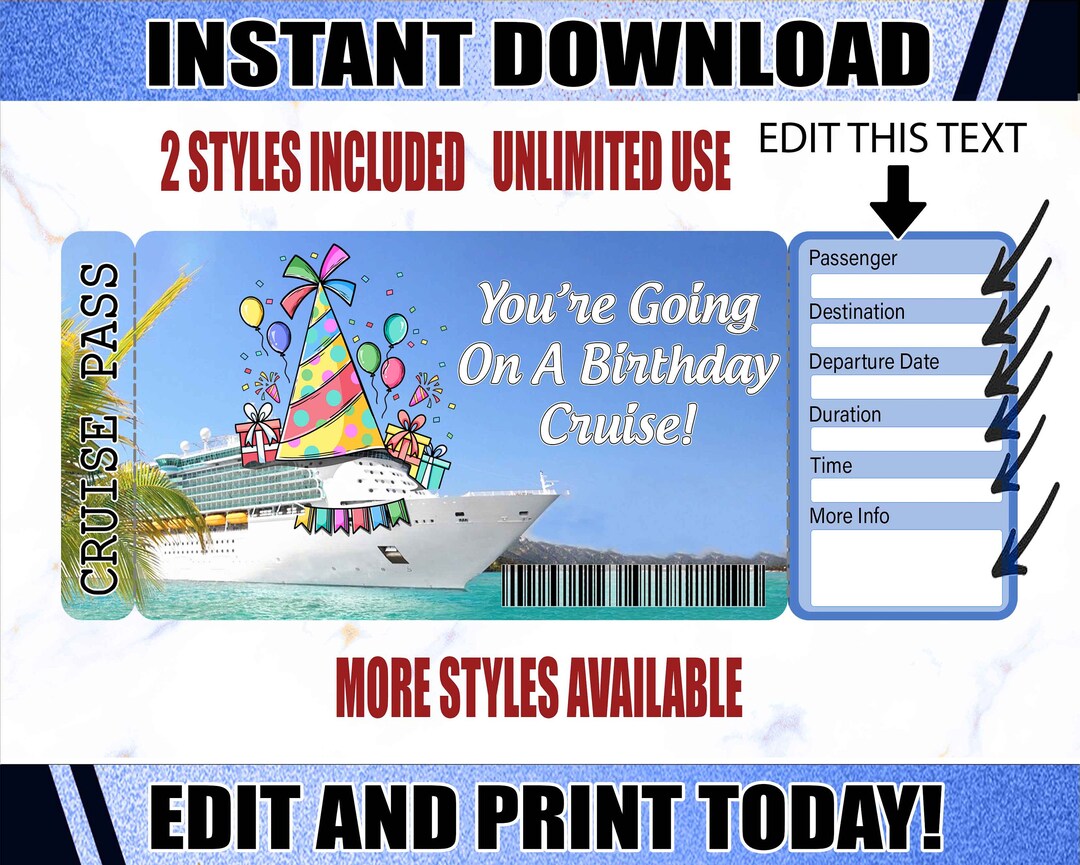 Birthday Cruise Boarding Pass Ticket, Printable Cruise Ticket Trip ...
