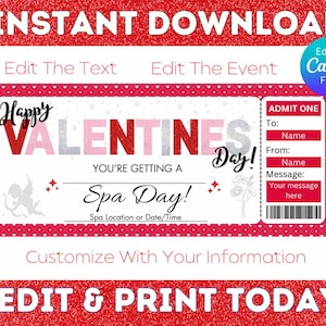 Saint-Valentin au spa, Idées cadeaux de dernière minute, Billet cadeau surprise, Certificat pour une journée au spa, Cadeaux pour la Saint-Valentin, Cadeaux pour femmes, Bon spa imprimable