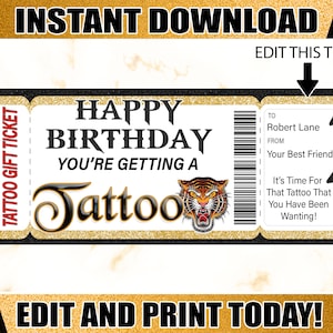 Tattoo Geschenkgutschein Geburtstag Tattoo druckbare Gutschein Editable Tattoo Geschenkgutschein Druckbare Tickets. Überraschung Tattoo Geschenk