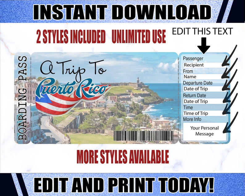 Puerto Rico Boarding Pass Ticket Printable Airline Ticket Etsy Canada