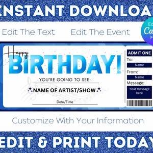 Geburtstags-Konzertkarte, druckbare Konzertkarte, bearbeitbare Konzertkarte, druckbare Tickets, Surprise-Konzertkarte, herunterladbar