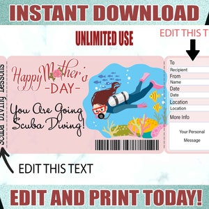 Scuba Diving Mother&#39;s Day Gift Ticket Template,  Scuba Diving Printable Certificate, Diving Lover Gifts, Editable Ticket Template