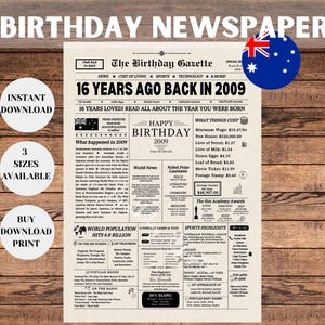 16.Geburtstags-Party-Zeichen, 16.Geburtstagszeitung AUSTRALIEN, 2009 Geburtstags-Jahresgeschenke, vor 16 Jahren im Jahr 2009, Australien-Geburtstag
