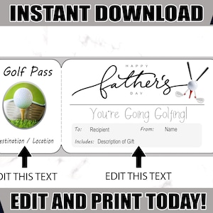 Golf Ticket Vatertag Golf druckbares Zertifikat Bearbeitbares Golf Geschenk druckbare Tickets. Vatertag Golf Geschenk Gutschein