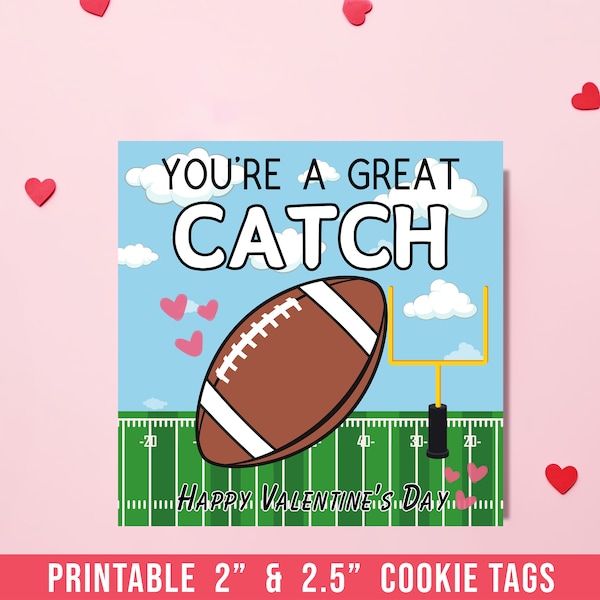 You're A Great Catch Valentine Tags, Printable Valentine Cookie Tags, Hearts Gift Tag, Valentine Cookie Tags, Football Gifts