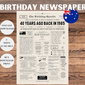40th Birthday Newspaper Sign 1985 AUSTRALIA, 40th Birthday Gift for Men or Women, Back in 1985, 40th Birthday Decorations, Instant Download