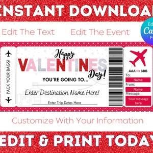Valentines Boarding Pass Ticket, Printable Airline Ticket Trip Reveal, Printable Tickets, Surprise Boarding Pass Ticket Valentine Airline