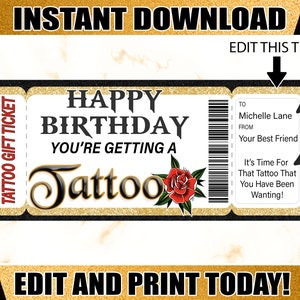 Tattoo cadeau, verjaardag tattoo voucher, tattoo printbaar ticket, bewerkbare tattoo cadeaubon printbare tickets verrassing tattoo cadeau