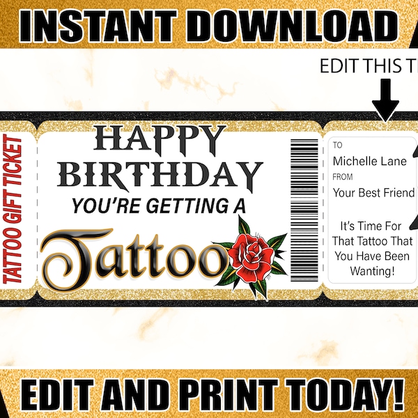 Tattoo Gift,  Birthday Tattoo Voucher, Tattoo Printable Ticket,  Editable Tattoo Gift Certificate  Printable Tickets Surprise Tattoo Gift