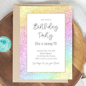 Rainbow Glitter Party Invitation, Colorful Invitation, Birthday Invitations, Editable Invitations Template