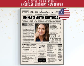 40th Birthday Newspaper Poster, 40th Birthday Gift for Him or Her, 40th Birthday Decorations, Gifts for Men, Gifts for Women