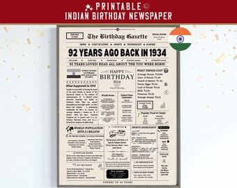 Back in 1934 India 92nd Birthday Newspaper Poster, 1934 Birth Year Facts & Highlights, Indian Edition, Instant Download