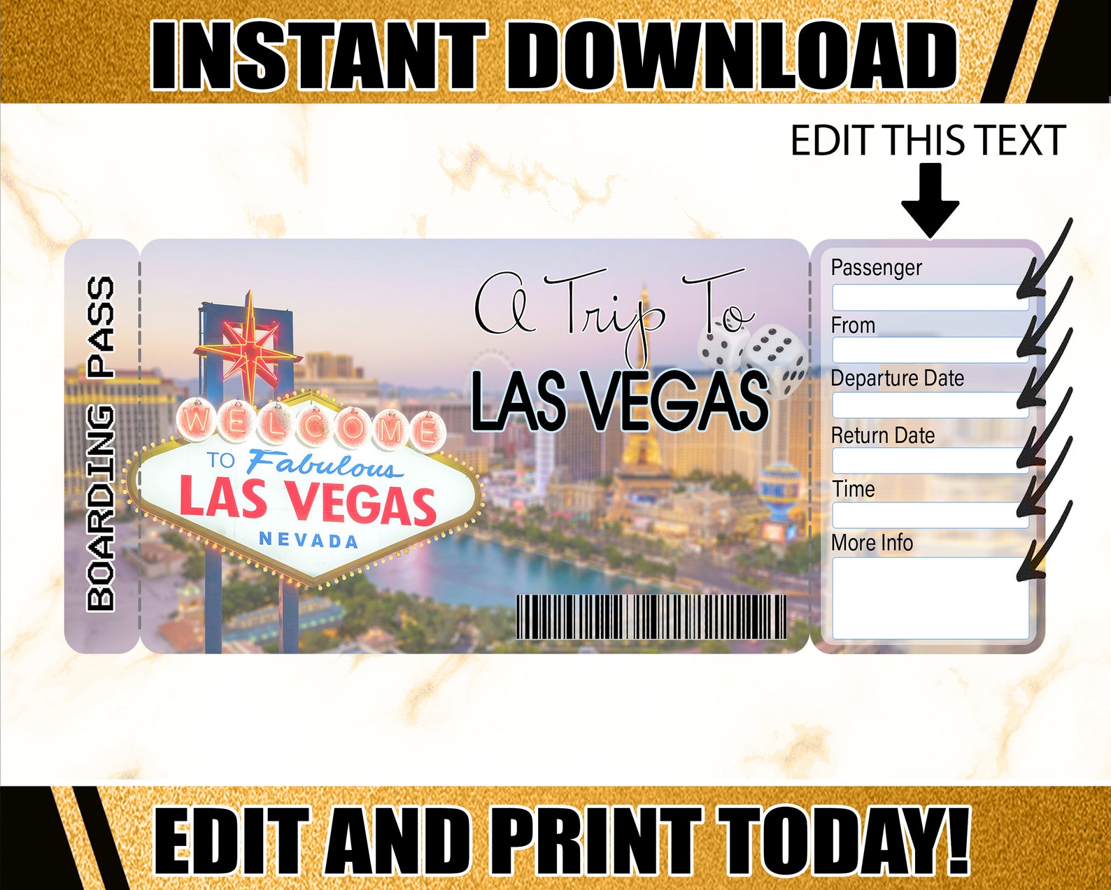 Las Vegas Boarding Pass Ticket Printable Airline Ticket Trip Etsy