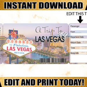 Boleto de tarjeta de embarque de Las Vegas, revelación de viaje de boleto de avión imprimible, boletos imprimibles, boleto de viaje sorpresa de Las Vegas descargable