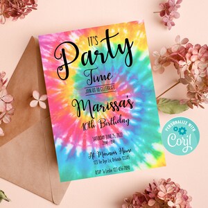 Może przedstawiać: Kolorowe zaproszenie na przyjęcie urodzinowe z okazji 10. urodzin. Zaproszenie zawiera tekst "It's Party Time" i "Marissa's 10th Birthday". Zaproszenie zawiera r&oacute;wnież datę, godzinę, miejsce i informacje RSVP.