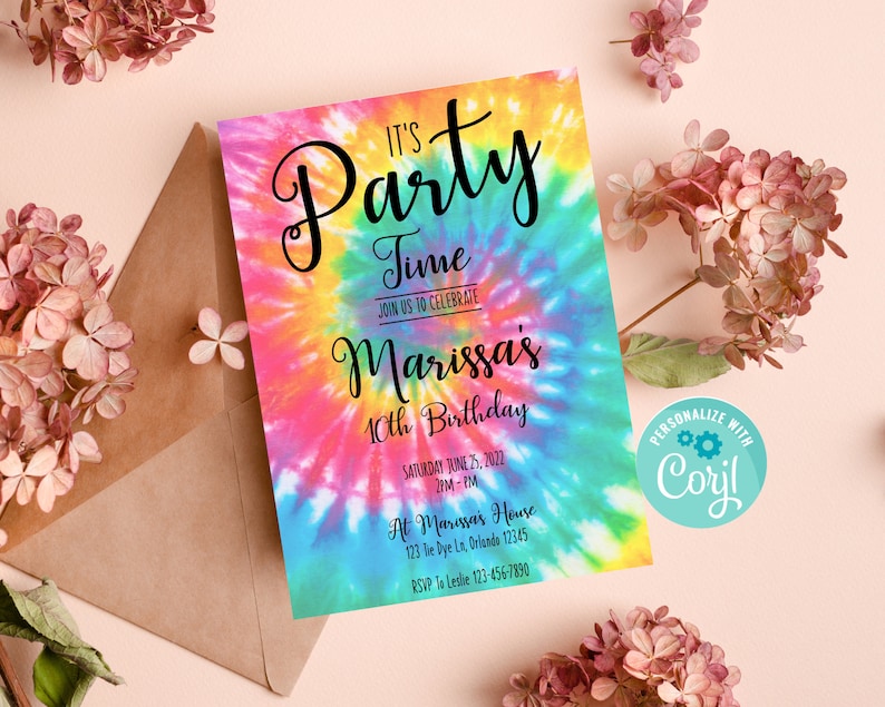 Może przedstawiać: Kolorowe zaproszenie na przyjęcie urodzinowe z okazji 10. urodzin. Zaproszenie zawiera tekst "It's Party Time" i "Marissa's 10th Birthday". Zaproszenie zawiera r&oacute;wnież datę, godzinę, miejsce i informacje RSVP.