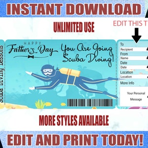 Scuba Diving Father&#39;s Day Gift Ticket Template,  Scuba Diving Printable Certificate, Diving Lover Gifts, Editable Ticket Template