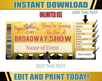 Broadway Mother's Day Gift  Voucher Ticket Mothers Day  Printable Certificate  Editable Gift Certificate  Printable Broadway Ticket